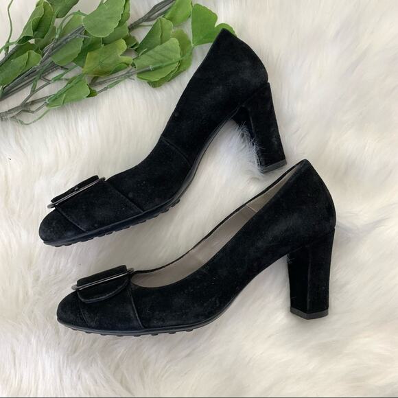 Aquatalia | Black Sacchetto Buckle Front Heel Pumps Round Toe Italy Women's 7 - Picture 3 of 9